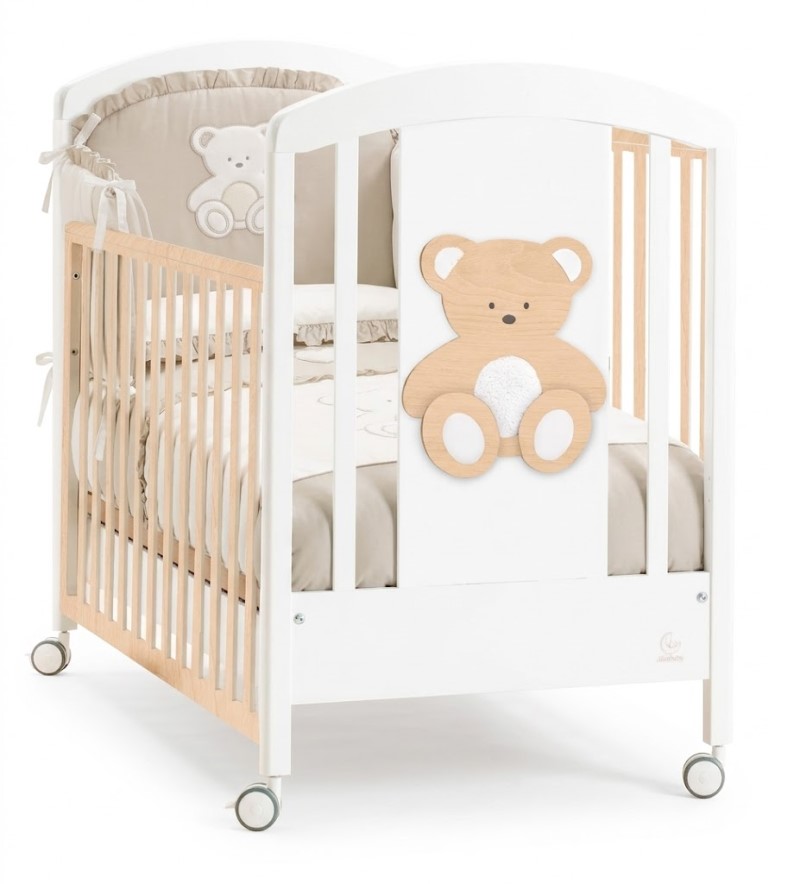 Bílo-přírodní dětská postýlka Italbaby Peluche Natural s luxusní textilní sadou povlečení a mantinelu